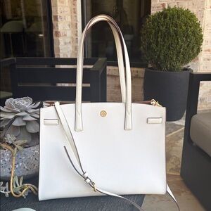 Tory Burch White Pebbled Leather Tote with Gold Logo